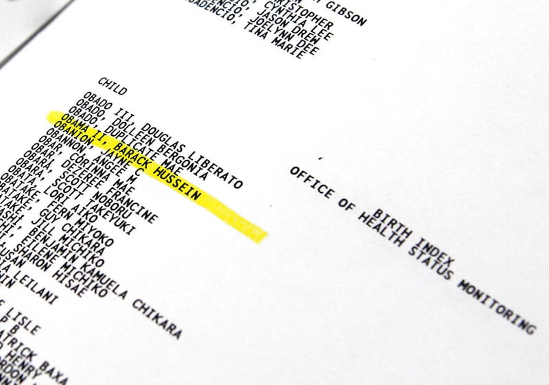 The name Barack Hussein Obama II is seen highlighted in a computer generated birth index from 1960-1964.