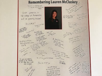 A page from a memorial album presented by University of Utah Athletics to Jill and Matt McCluskey after Lauren McCluskey's death.