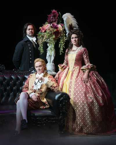 Quinn Allan Dietlein stars as Chauvelin, Keith McKay Evans as Percy Blakeney and Amy Shreeve Keeler as Marguerite in the Monday/Wednesday/Friday cast of Hale Centre Theatre's "The Scarlet Pimpernel," one of the productions participating in Now Playing Uta