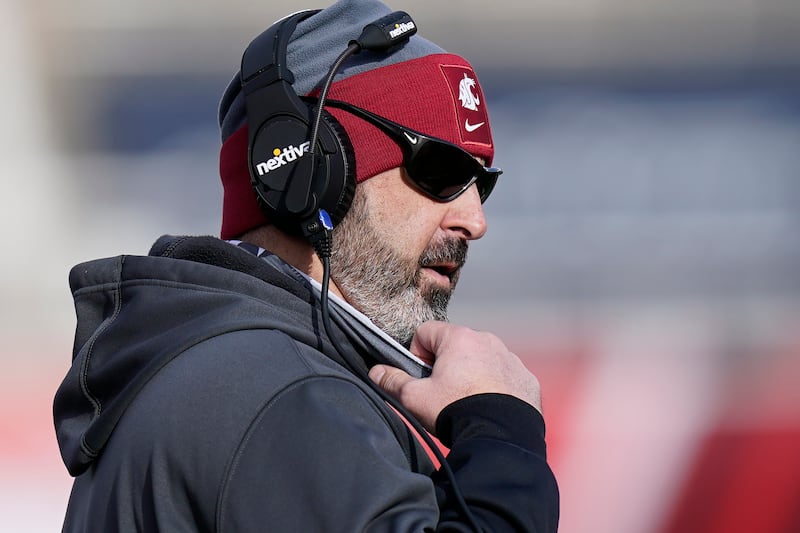Washington State coach Nick Rolovich looks on during game against Utah, Saturday, Dec. 19, 2020, in Salt Lake City.