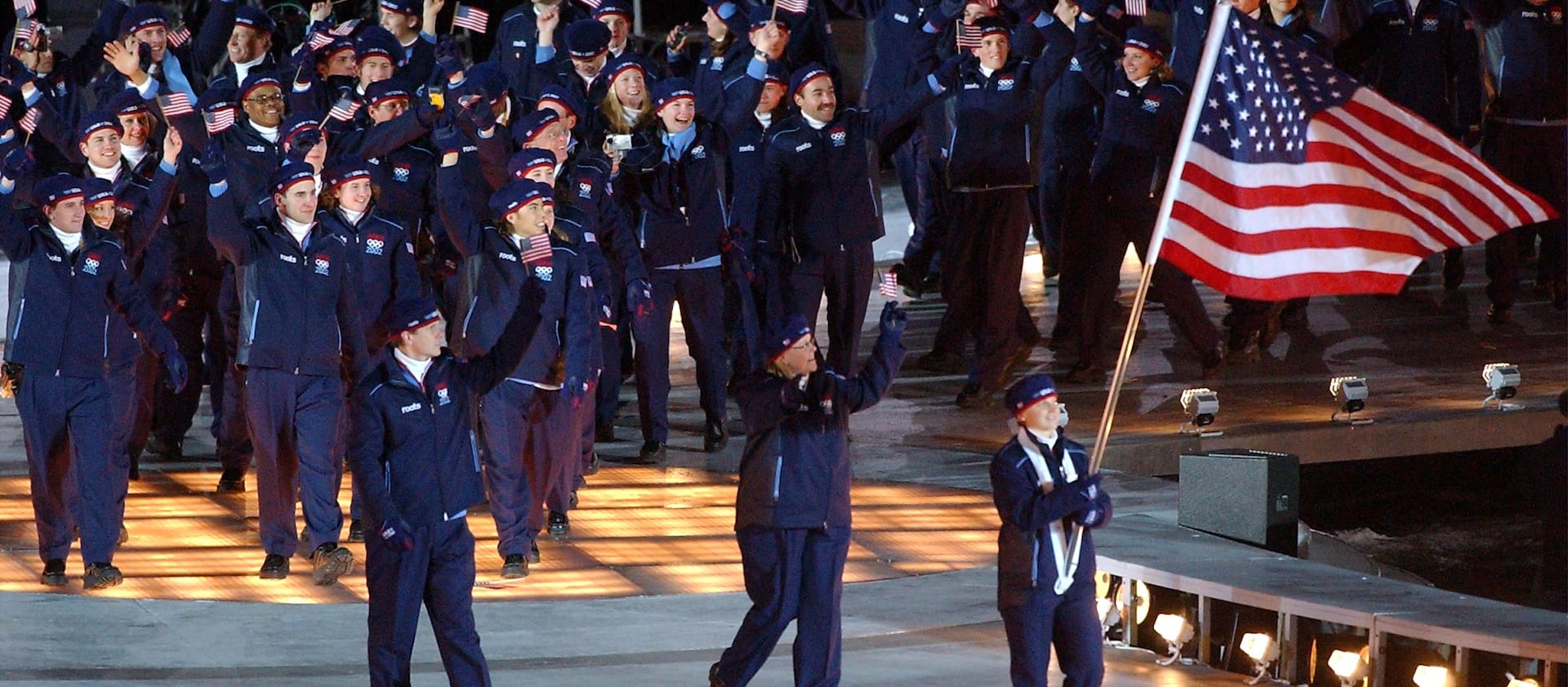 Team USA enters Rice-Eccles Stadium during the opening ceremonies of the Salt Lake 2002 Winter Games on Feb. 8, 2002.