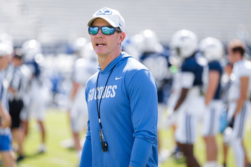 BYU defensive coordinator Jay Hill looks on during the Cougars's scrimmage Saturday, Aug. 9, 2025, at LaVell Edwards Stadium.