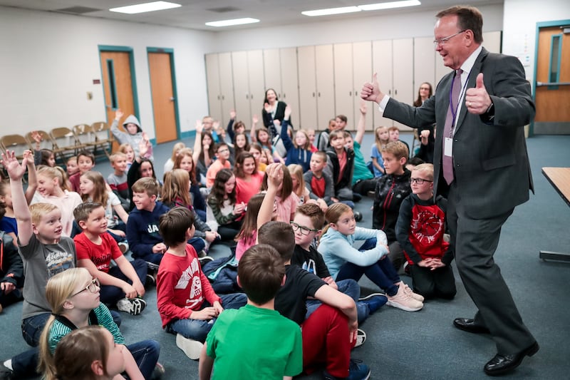 Senate President Stuart Adams, R-Layton, conducts a mock senate session with third-graders at Windridge Elementary School in Kaysville on Tuesday, April 16, 2019.