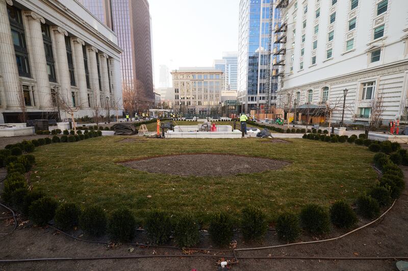 The new plaza looking south between the Church Administration Building, left, and the Joseph Smith Memorial Building on Temple Square.