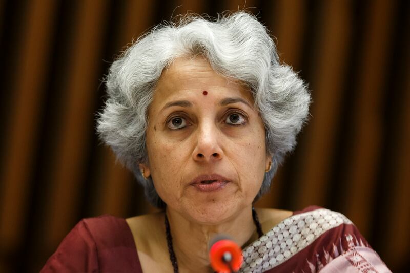 in this Feb. 12, 2020 file photo, Soumya Swaminathan, WHO’s Chief Scientist gives a statement to the media about the response to the COVID-19 virus outbreak, at the World Health Organization (WHO) headquarters in Geneva, Switzerland.