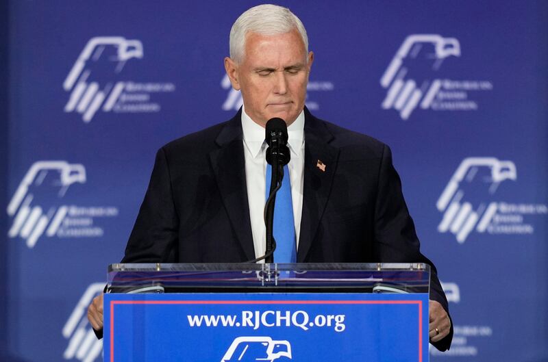 Former Vice President Mike Pence speaks at an annual leadership meeting of the Republican Jewish Coalition, Saturday, Oct. 28, 2023.