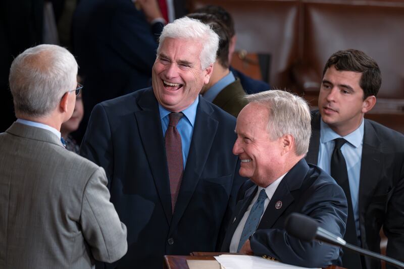 House Majority Whip Tom Emmer, R-Minn., center, is flanked by Rep. Patrick McHenry, R-N.C., left, and Rep. David Joyce, R-Ohio.
