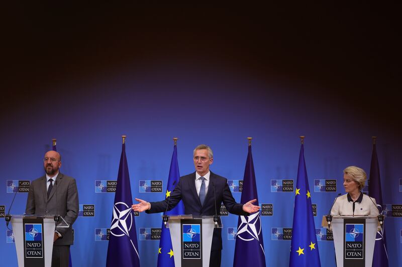 NATO Secretary-General Jens Stoltenberg, European Council President Charles Michel and European Commission President Ursula von der Leyen at NATO headquarters in Brussels.