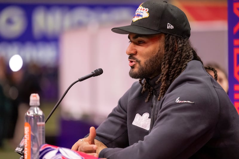 San Francisco 49ers linebacker Fred Warner speaks to the press during opening night festivities for Super Bowl LVIII at Allegiant Stadium in Las Vegas on Monday, Feb. 5, 2024.