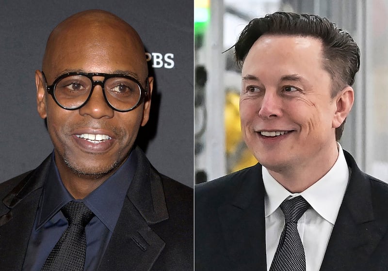 This combination of photos shows comedian Dave Chappelle, left, and and businessman Elon Musk.