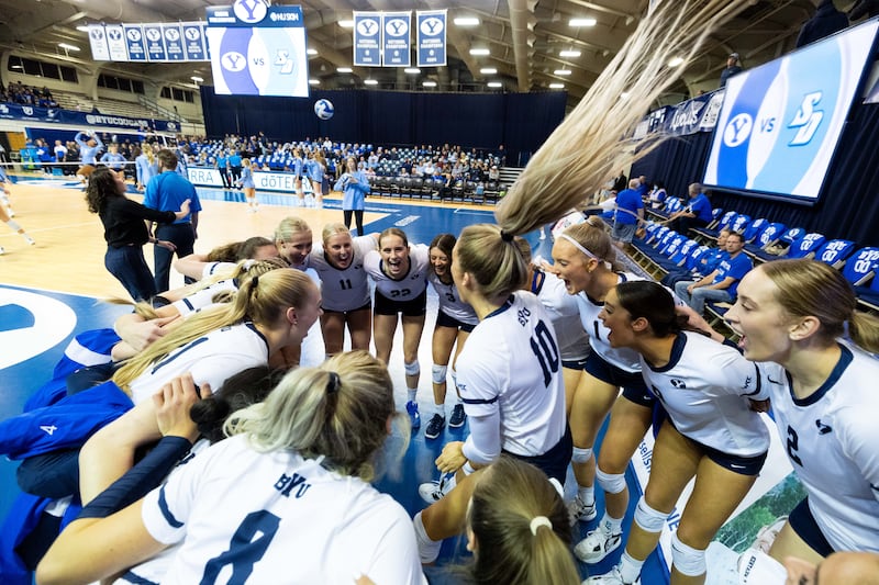 The BYU Cougars women’s volleyball team before its match against the San Diego Toreros on Tuesday, November 22, 2022 at Smith Fieldhouse in Provo, Utah.