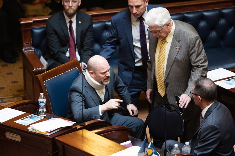 Sen. Daniel Thatcher, R-West Valley City, and Sen. Mike Kennedy, R-Alpine, debate bills in the Utah Senate.