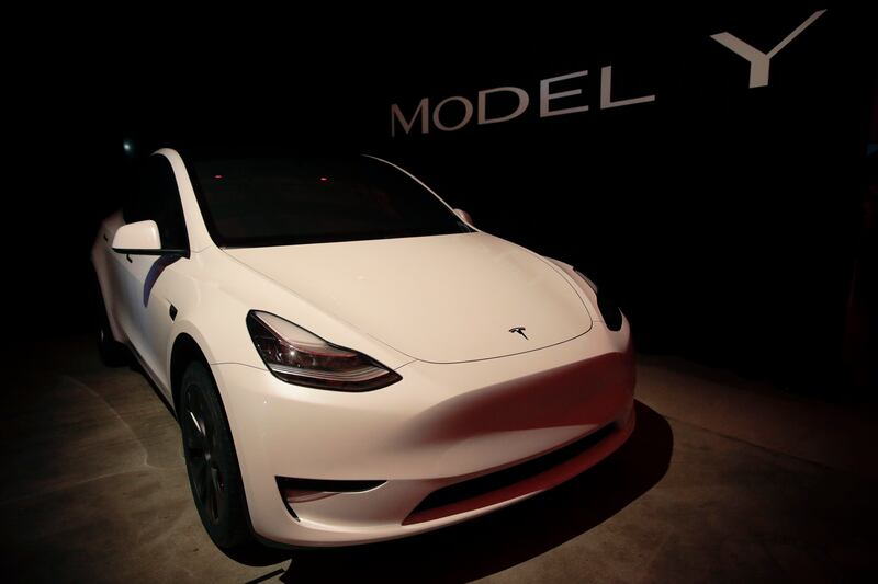 Tesla’s Model Y is displayed at Tesla’s design studio Thursday, March 14, 2019, in Hawthorne, Calif. The Model Y may be Tesla’s most important product yet as it attempts to expand into the mainstream and generate enough cash to repay massive debts that th