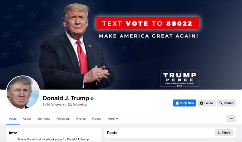 The Donald J. Trump Facebook page is pictured in this screenshot Friday, Feb. 10, 2023.