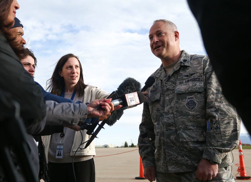 Commander Jeffery Digsby of the 729th Air Control Squadron at Hill Air Force Base speaks to the media before welcoming home 128 airmen from a seven-month deployment to the Middle East on Monday, April 29, 2019.