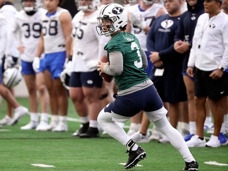 BYU quarterback Jaren Hall practices at the indoor practice facility at BYU in Provo on Monday, Feb. 28, 2022.
