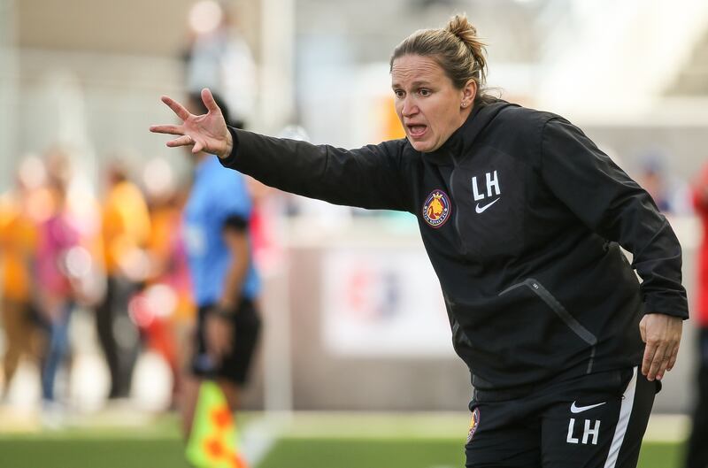 Utah Royals FC head coach Laura Harvey directs her team during the match against the Chicago Red Stars at Rio Tinto Stadium in Sandy on Saturday, April 14, 2018.