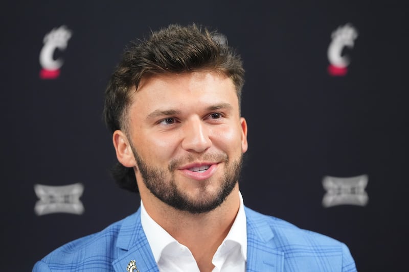 Cincinnati quarterback Brendan Sorsby answers a question during the Big 12 media days in Frisco, Texas, Tuesday, July 8, 2025.