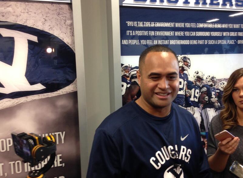 BYU running backs coach Reno Mahe talks to the media on Monday, Dec. 12, 2016 at the Student Athlete Building on the school's campus.