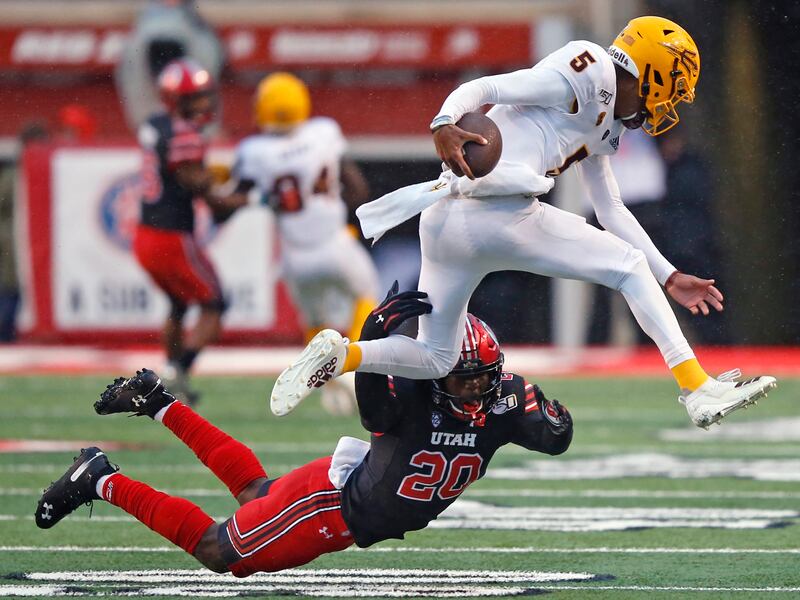Utah linebacker Devin Lloyd tackles Arizona State quarterback Jayden Daniels during game in Salt Lake City Oct. 19, 2019.