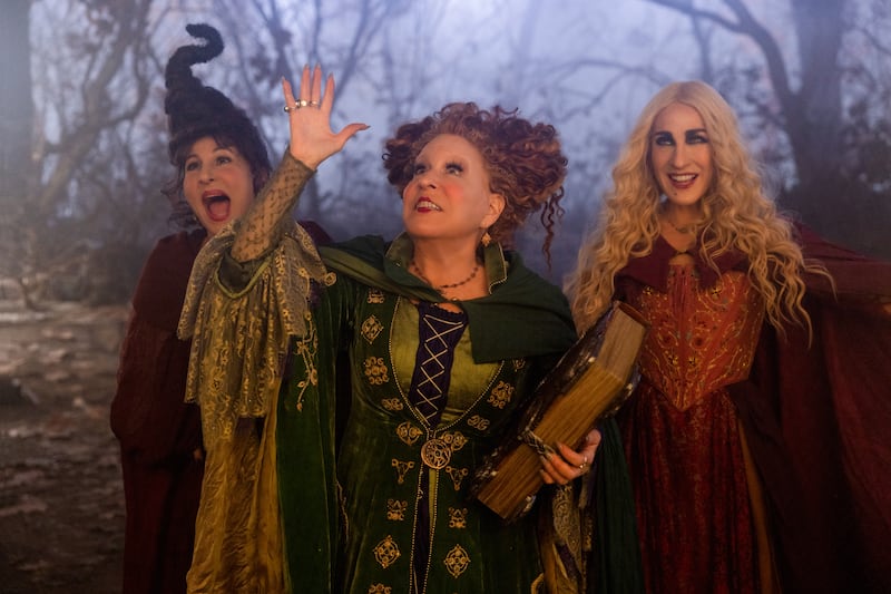 Kathy Najimy as Mary Sanderson, Bette Midler as Winifred Sanderson, and Sarah Jessica Parker as Sarah Sanderson in “Hocus Pocus 2.”