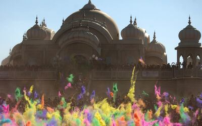 Throwing of the colors at the Holi Festival of Colors at the Krishna Temple in Spanish Fork on Saturday, March 30, 2013.