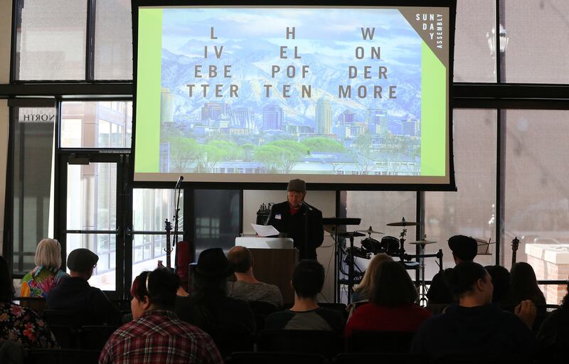 Brian O'Saurus speaks during Sunday Assembly in Salt Lake City on Sunday, Feb. 11, 2018. Sunday Assembly is a nonprofit group designed to serve atheists, agnostics, humanists and other religiously unaffiliated adults in Utah.