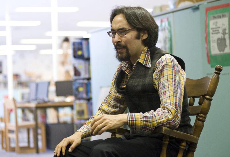 Ishmael Hope tells a Tlingit legend at Keet Gooshi Heen Elementary School, Friday, March 9, 2012 in Sitka, Alaska. (AP Photo, Daily Sitka Sentinel, James Poulson)