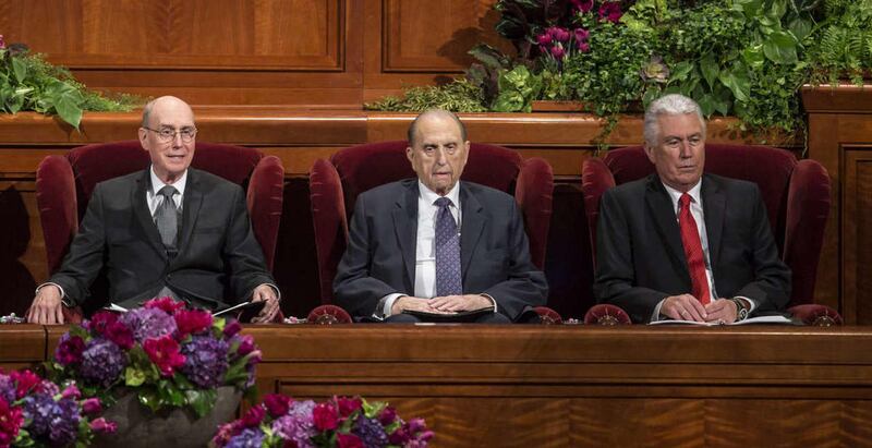 The First Presidency, President Henry B. Eyring, President Thomas S. Monson, and President Dieter F. Uchtdorf at the beginning of the afternoon session of the 185th Semiannual General Conference Saturday, Oct. 3, 2015, of The Church of Jesus Christ of Lat