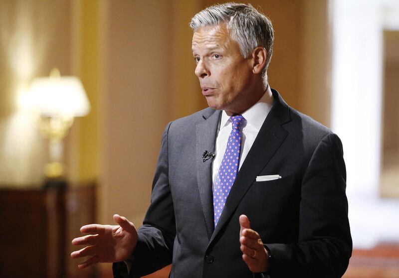 Former Gov. Jon Huntsman is interviewed by media prior to speaking at the Thought Leader Symposium in Salt Lake City Wednesday, Jan. 20, 2016.