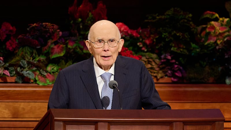 President Dallin H. Oaks, president of the Quorum of the Twelve Apostles, speaks during the Sunday afternoon session of the 195th Semiannual General Conference.