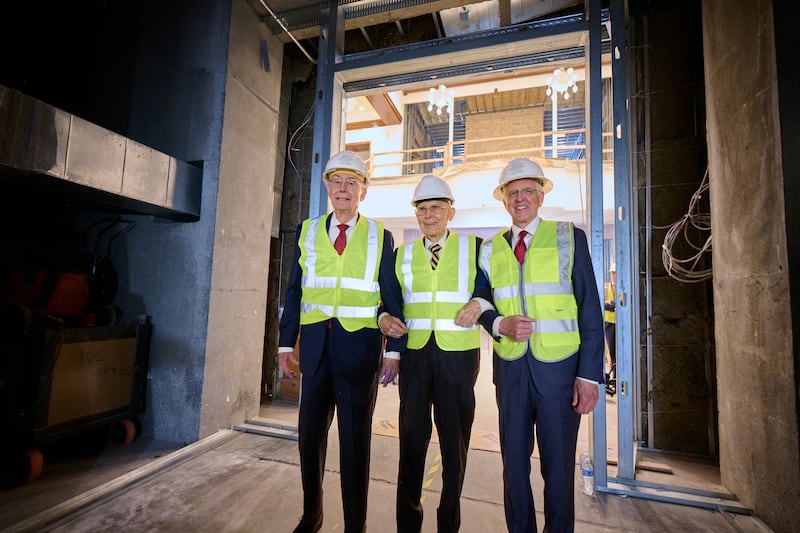 The First Presidency smiles during a tour of the Salt Lake Temple amid ongoing construction on Friday, Dec. 12, 2025.