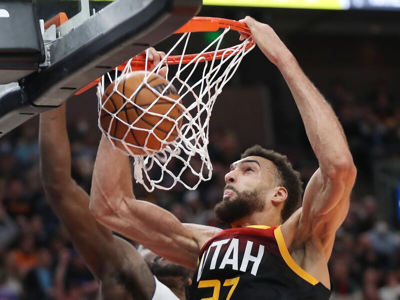 Utah Jazz center Rudy Gobert (27) dunks on the Detroit Pistons.