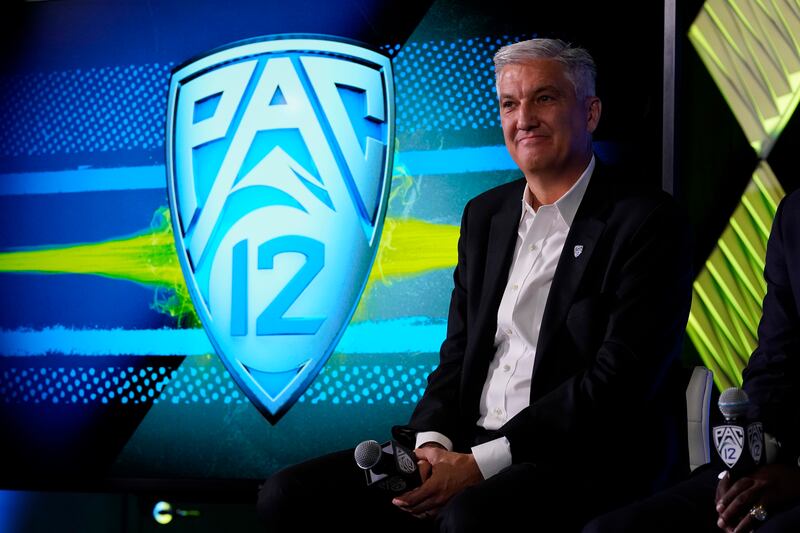 Pac-12 Commissioner George Kliavkoff fields questions during the Pac-12 Conference Media Day in Los Angeles.