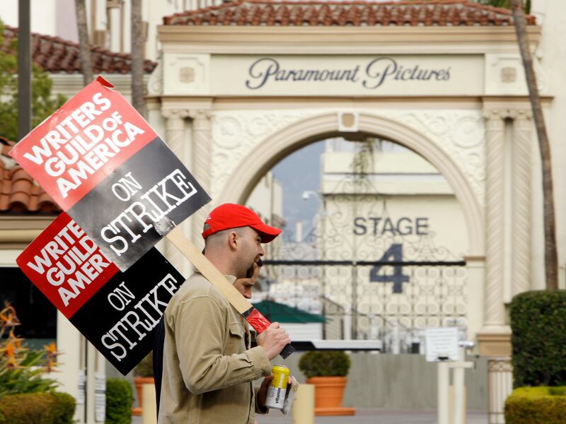 Striking film and television writers picket outside Paramount Studios on Jan. 23, 2008, in Los Angeles.