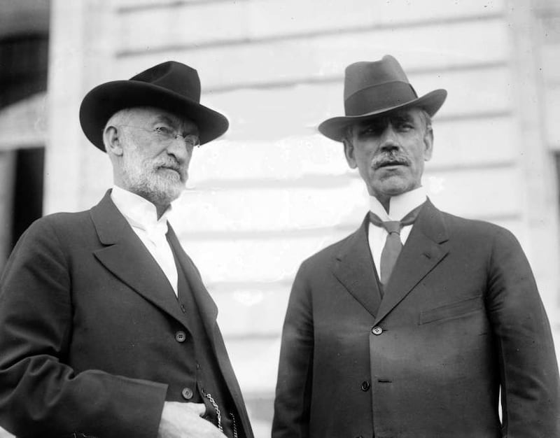 LDS Church President Heber J. Grant and Sen. Reed Smoot, R-Utah, are picuted outside the Senate Office Building in about 1907.