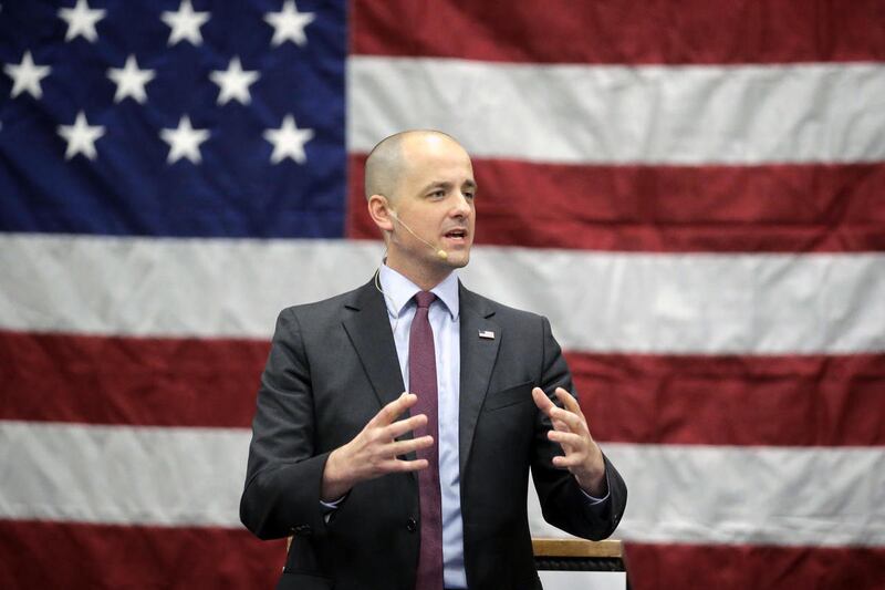 FILE - In this Oct. 21, 2016 file photo, Independent presidential candidate Evan McMullin speaks during a rally in Draper, Utah. Two months after he jumped into the presidential race as a political unknown, McMullin is surging in Utah polls and drawing la