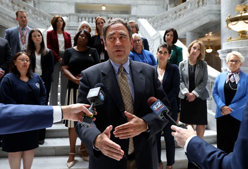 House Minority Leader Brian King talks to media about Utah House Democrats’ decision to walk out in protest of a Republican resolution encouraging a ban of critical race theory.