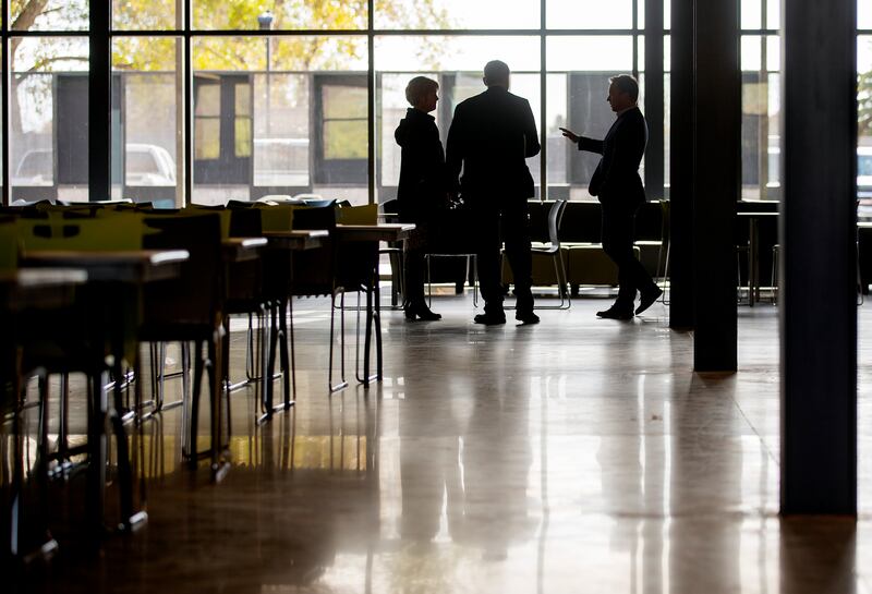 Visitors tour the lobby and cafeteria area of the new men’s resource center in South Salt Lake on Monday, Oct. 28, 2019. Rocky Mountain Power, the S&P Anderson Foundation and Auric Energy donated $1.2 million to the three homeless resource centers for the rooftop solar arrays installed on each facility.