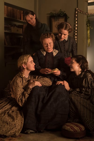 Emily Watson as Marmee, center, Kathryn Newton as Amy, left, Maya Hawke as Jo, Willa Fitzgerald as Meg, and Annes Elwy as Beth in Masterpiece's "Little Women."