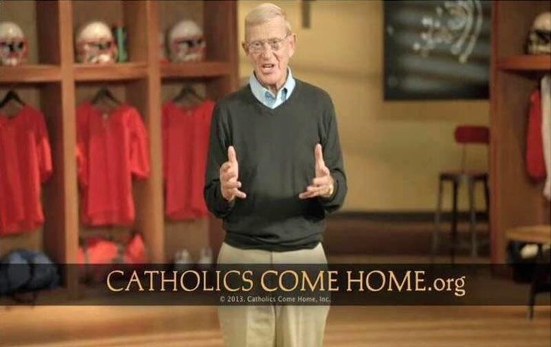 Legendary Notre Dame football coach Lou Holtz urges Catholics to "come home" in a new television commercial airing this week and during the BCS championship game Monday.