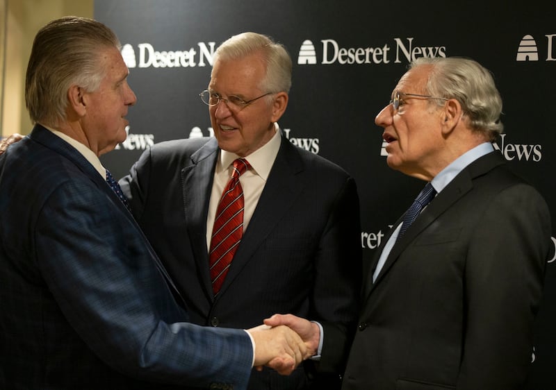 Elder D. Todd Christofferson, a member of the Quorum of the Twelve Apostles for The Church of Jesus Christ of Latter-day Saints, second from left, and Bob Woodward, Washington Post reporter who broke the Watergate story in 1973 and current associate editor at the Post, right, speaks with guests before “Integrity and Trust: Lessons from Watergate and Today” at the Newseum in Washington, D.C. on Monday, Jan. 14, 2019.