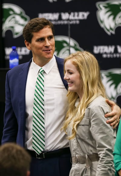 New Utah Valley basketball head coach Mark Madsen and his wife Hannah are introduced at the NUVI Basketball Center at Utah Valley University in Orem, Utah, on Monday, April 15, 2019.