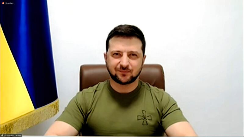 Ukrainian President Volodymyr Zelenskyy speaks from Kyiv, Ukraine, in an address to U.S. Congress.