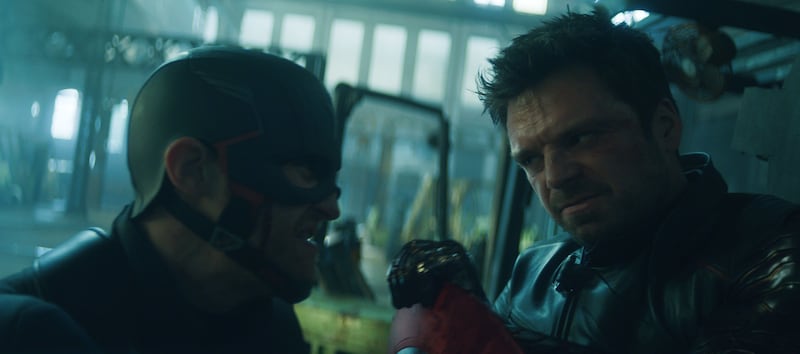 John Walker (Wyatt Russell) and Winter Soldier/Bucky Barnes (Sebastian Stan) in “The Falcon and the Winter Soldier.”