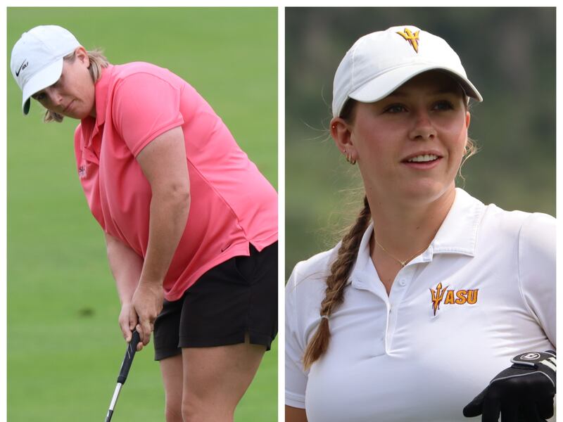 Kelsey Chugg, left, and Grace Summerhays, right, during the Round of 16 of the 117th Utah Women’s State Amateur on Wednesday, August 2, 2023 at Jeremy Ranch Country Club in Park City.