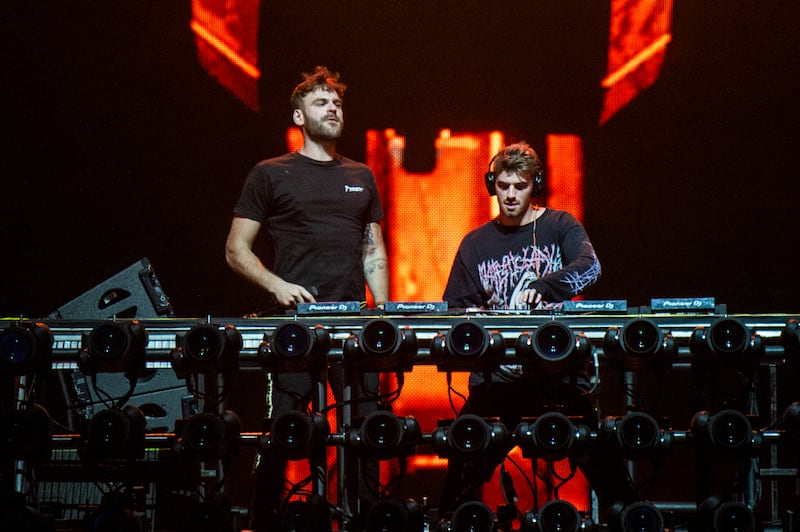 Alex Pall, left, and Andrew Taggart of The Chainsmokers perform during the Festival d’ete de Quebec on Wednesday, July 11, 2018, in Quebec City, Canada.