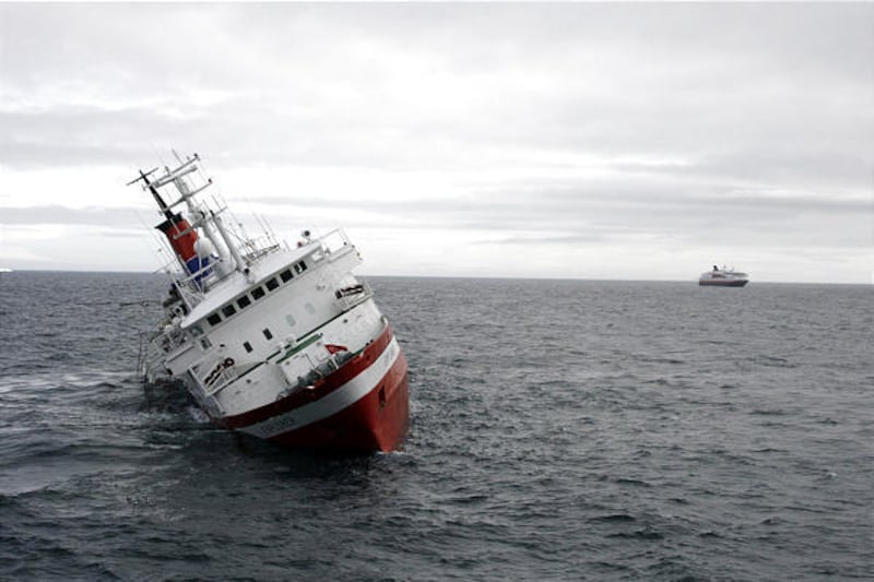 The Canadian cruise ship Explorer lists after hitting submerged ice Nov. 23 off Antarctica.