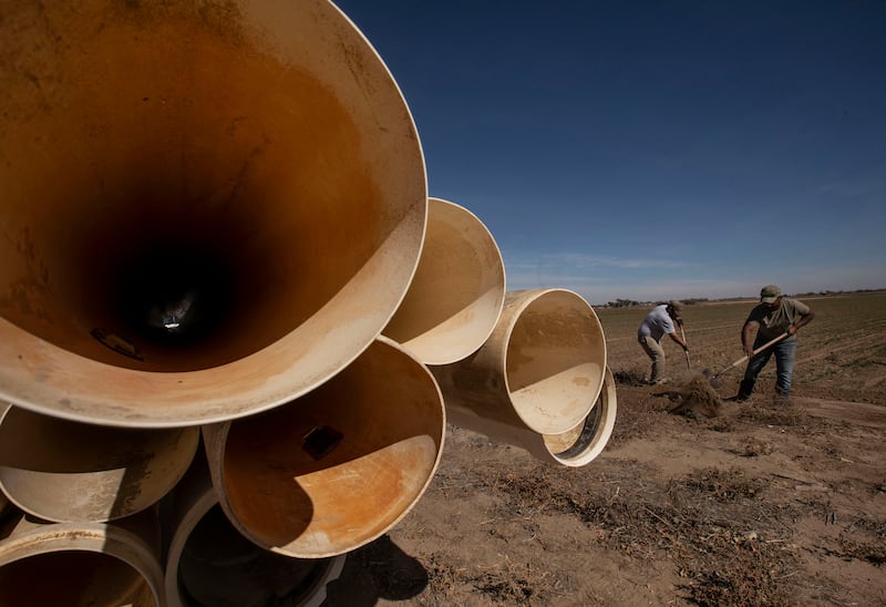 Austin Woodward, left, and Robert Salais, right, prepare to lay gated pipe that will irrigate water to wheat fields Colorado.