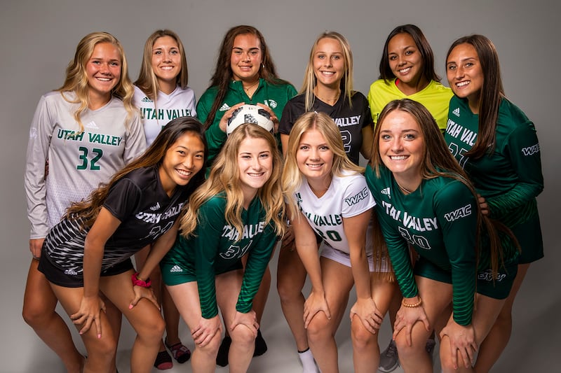 UVU women's soccer's signing class poses for a photo (L to R back row: Jocelyn Bybee, Kate Harrison, Kylie Tuimaualuga, Rachel Anderson, Saydee Bacdad, Abbigail Graham; L to R front row: Nicole Olanda, Heather Stainbrook, Megan Unbedacht, Tennessee Schell